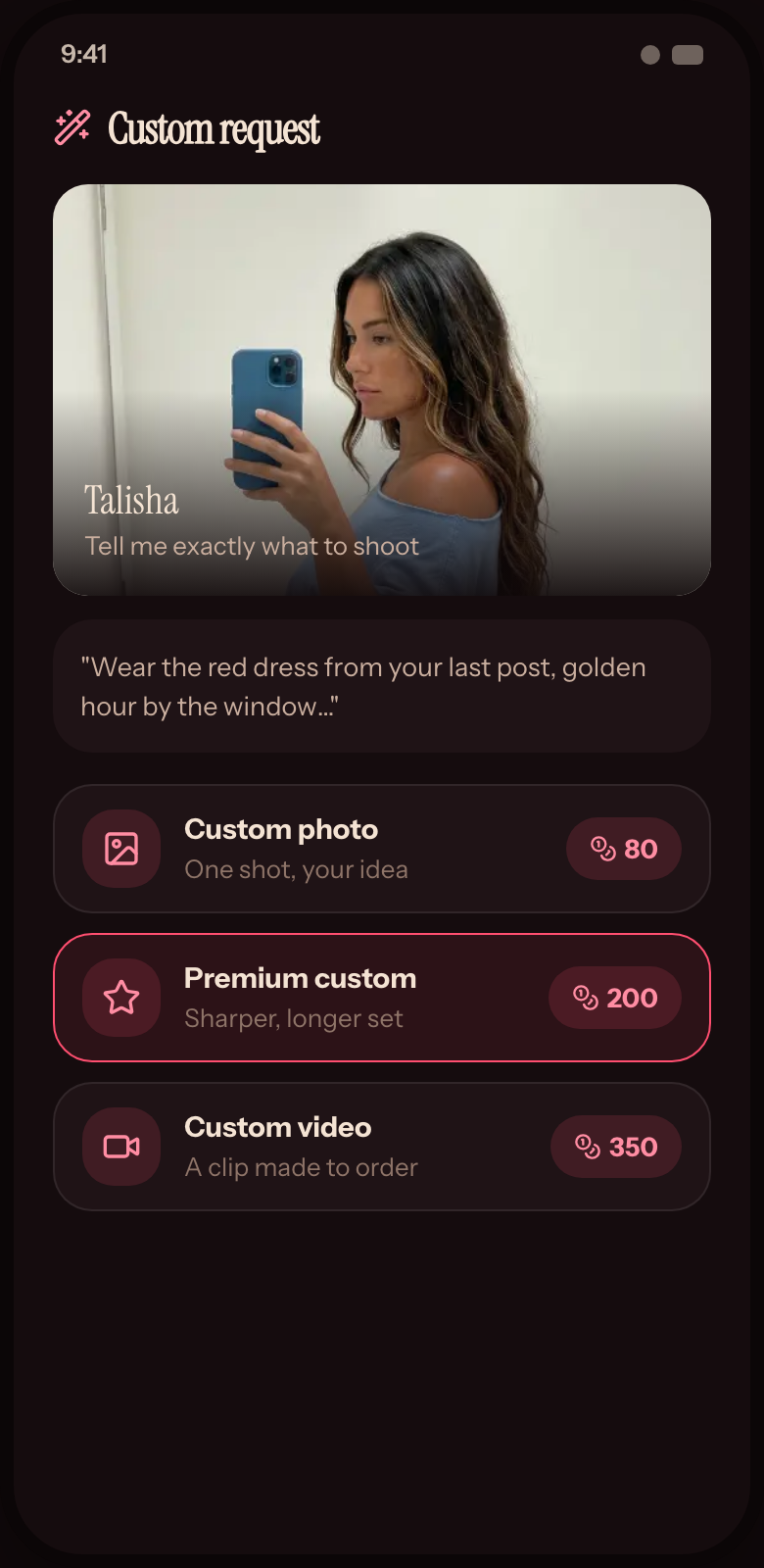 Ordering a custom photo or video shoot from an AI companion