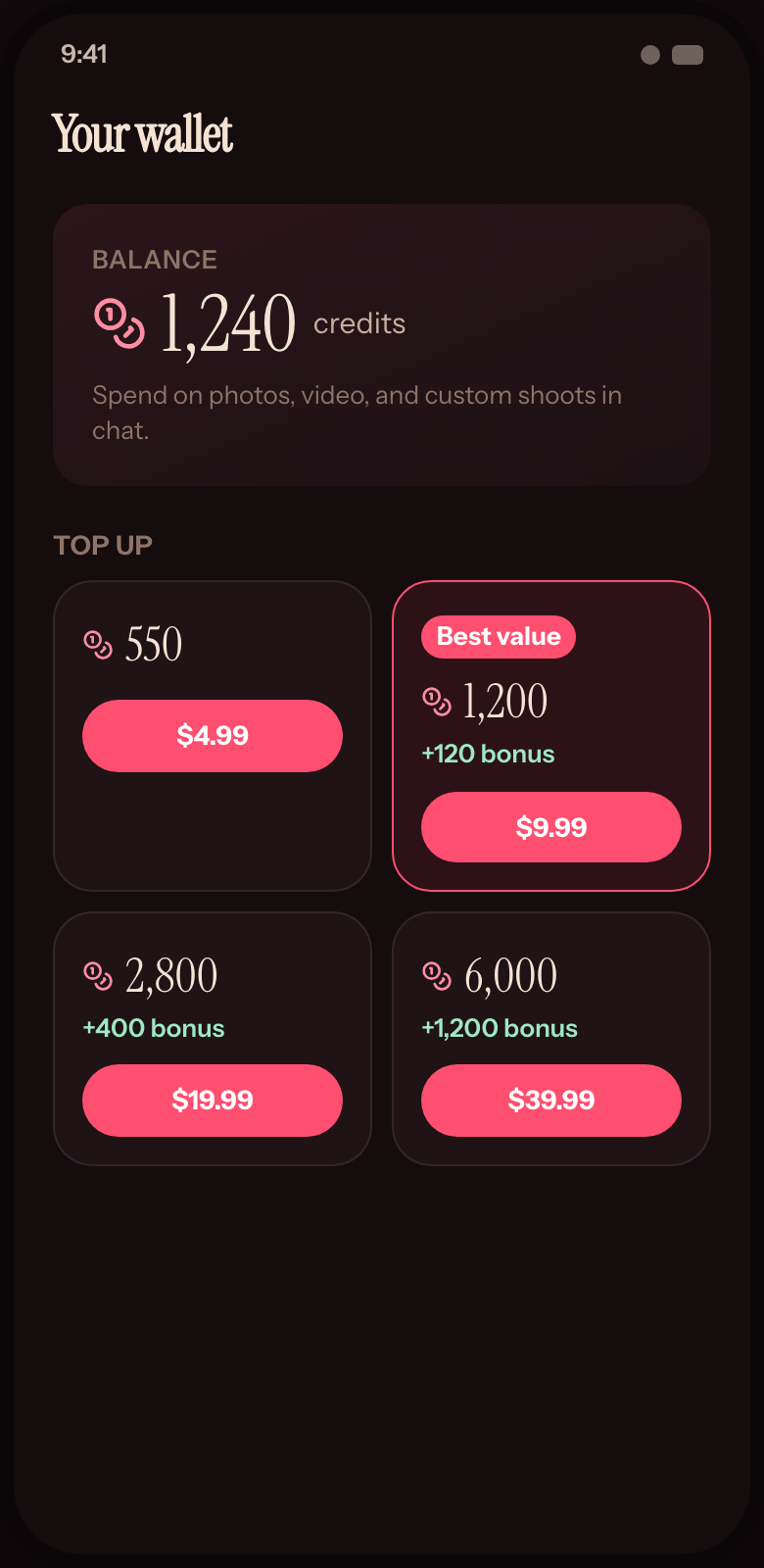 The SpiceMatch wallet: your credit balance and top-up packs